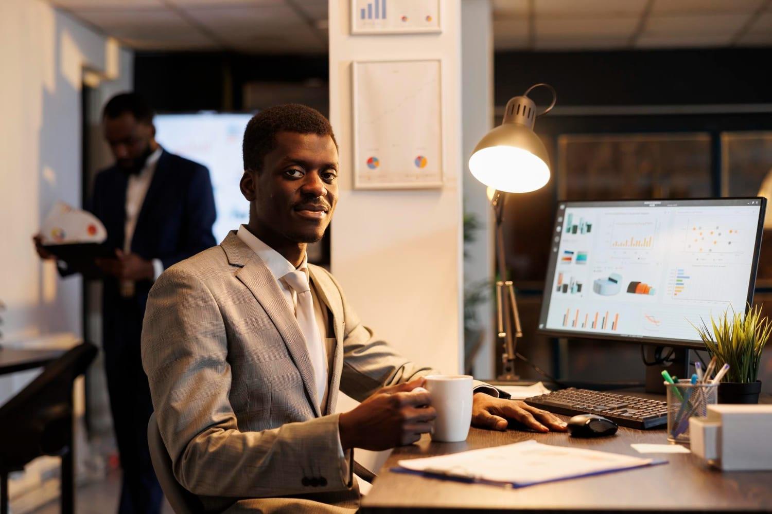 An advisor reviewing market figures in the office